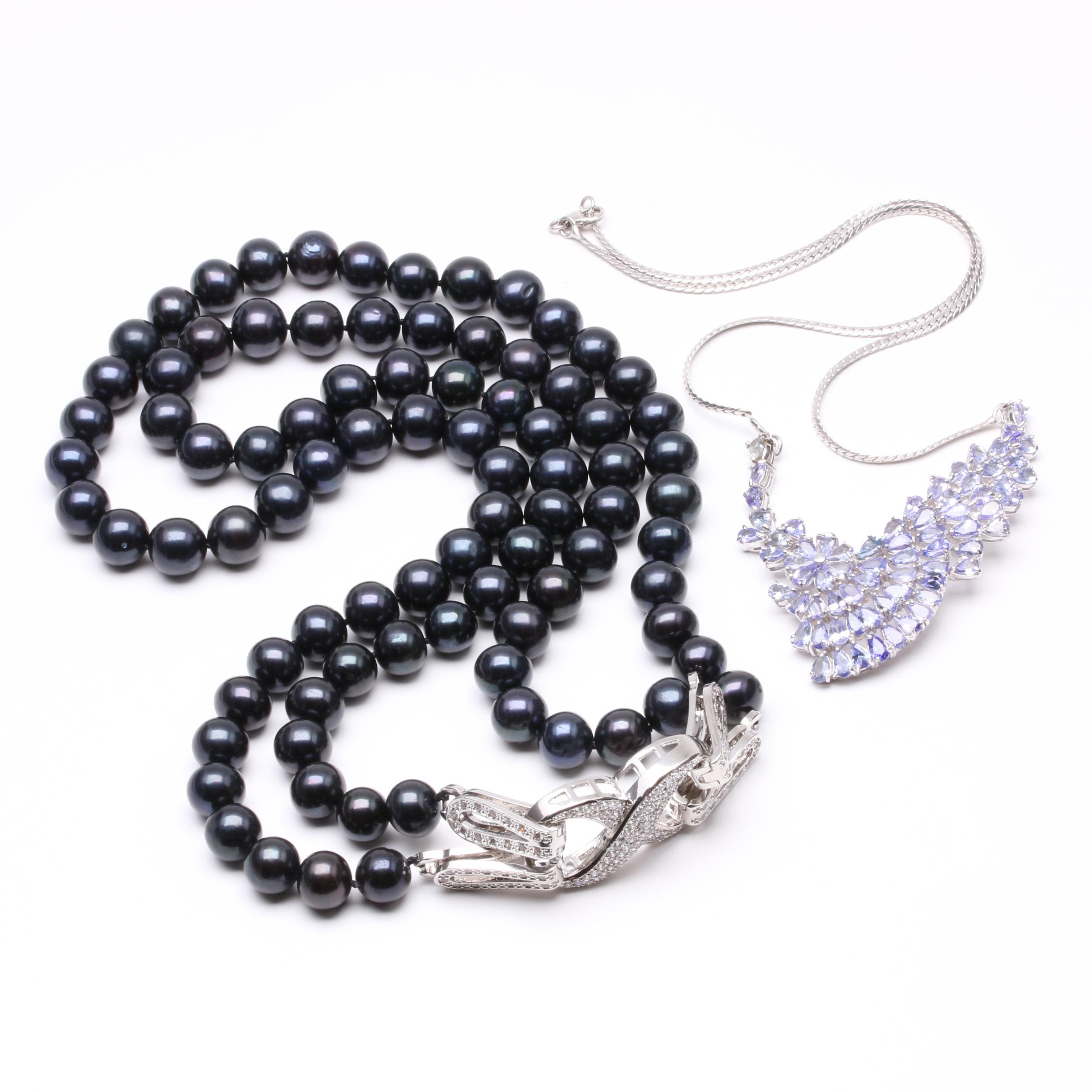 Sterling Silver Necklaces with Tanzanite, Cultured Pearl, and Cubic Zirconia