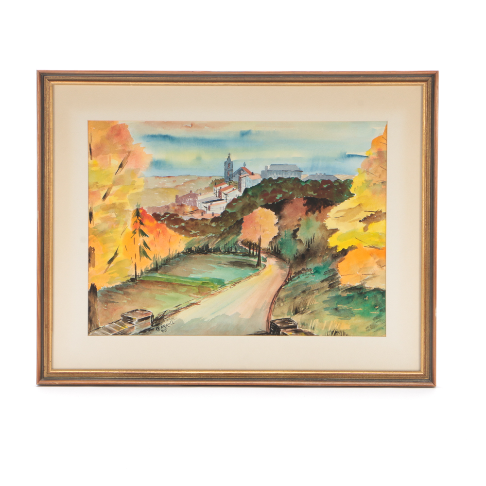 Carroll Vintage Watercolor Painting of Village Scene