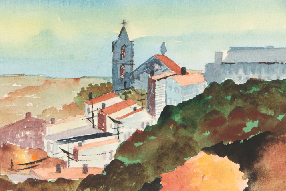 Carroll Vintage Watercolor Painting of Village Scene