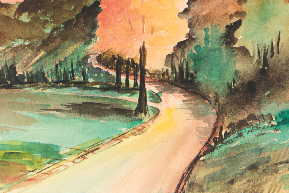 Carroll Vintage Watercolor Painting of Village Scene