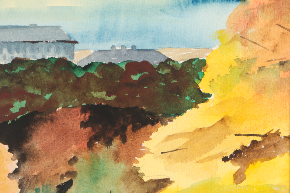 Carroll Vintage Watercolor Painting of Village Scene