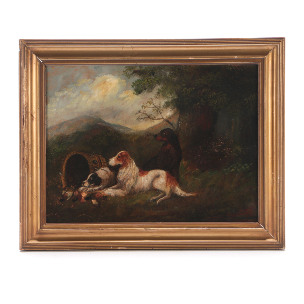 Antique Oil Painting on Board of Three Hunting Dogs