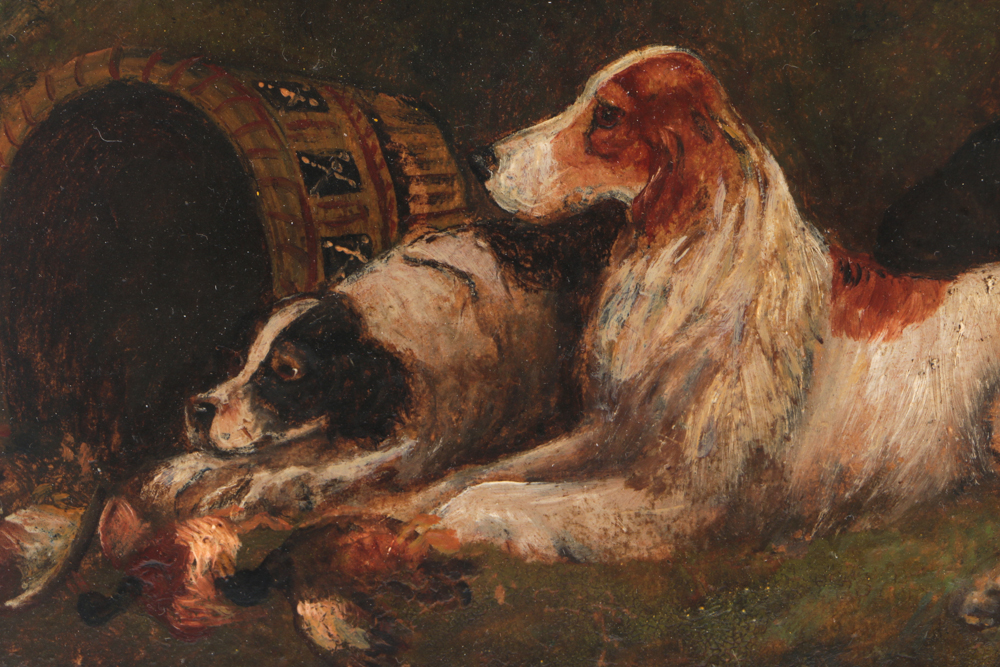 Antique Oil Painting on Board of Three Hunting Dogs