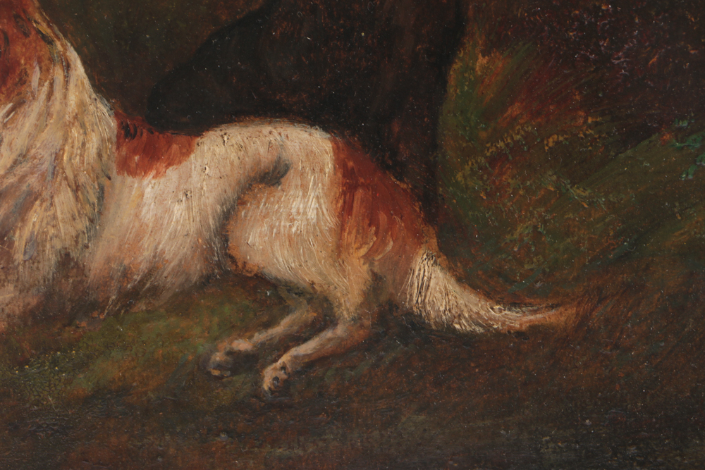 Antique Oil Painting on Board of Three Hunting Dogs