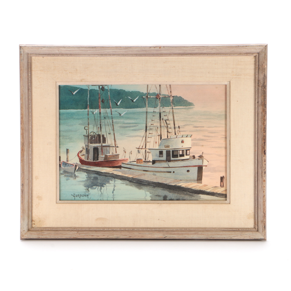 Fred Gordon Originla Watercolor Painting of Boats at Pier