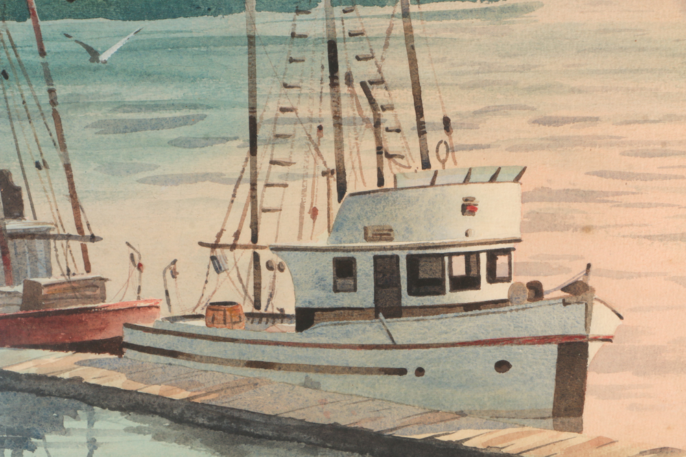 Fred Gordon Originla Watercolor Painting of Boats at Pier