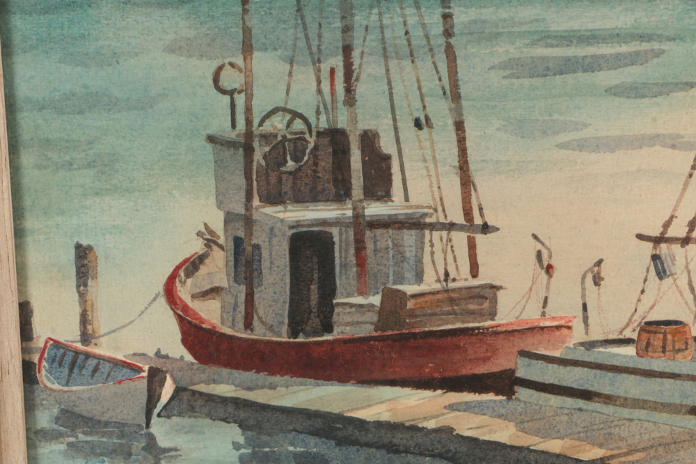Fred Gordon Originla Watercolor Painting of Boats at Pier