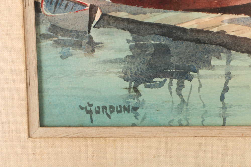 Fred Gordon Originla Watercolor Painting of Boats at Pier