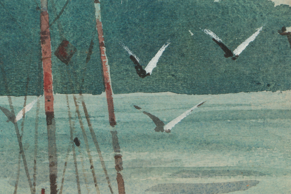 Fred Gordon Originla Watercolor Painting of Boats at Pier