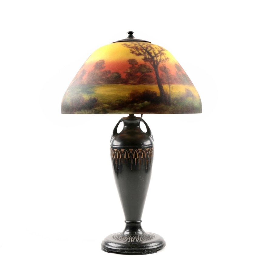 Moe-Bridges Table Lamp with Reverse-Painted Glass Shade