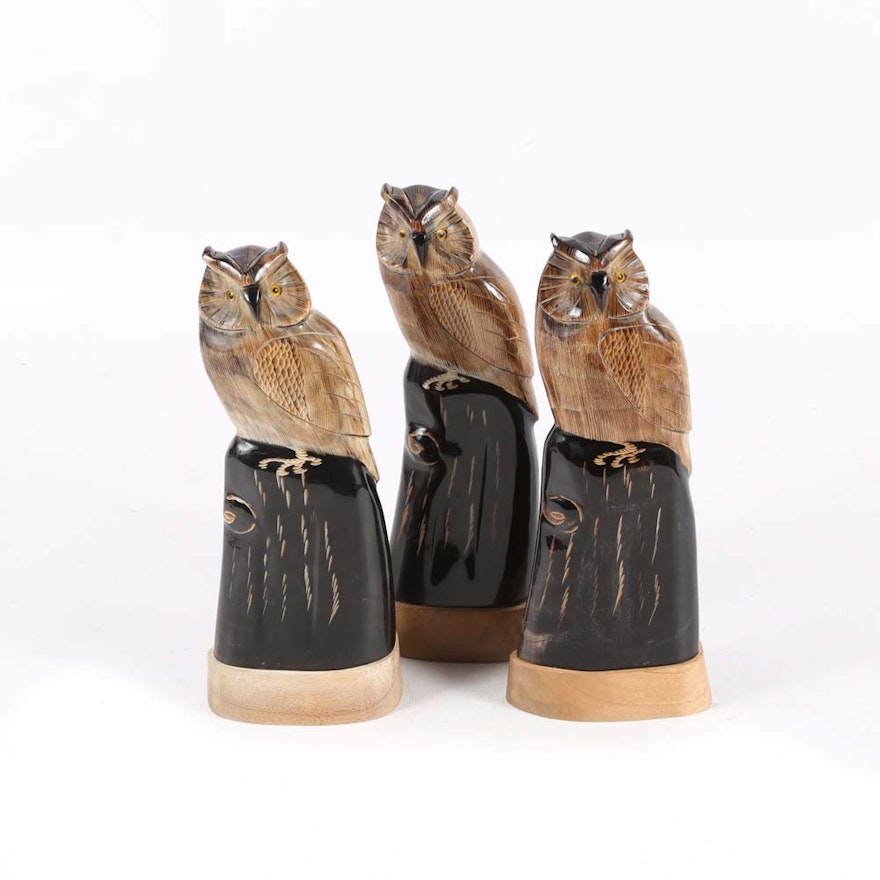 Carved Buffalo Horn Owls