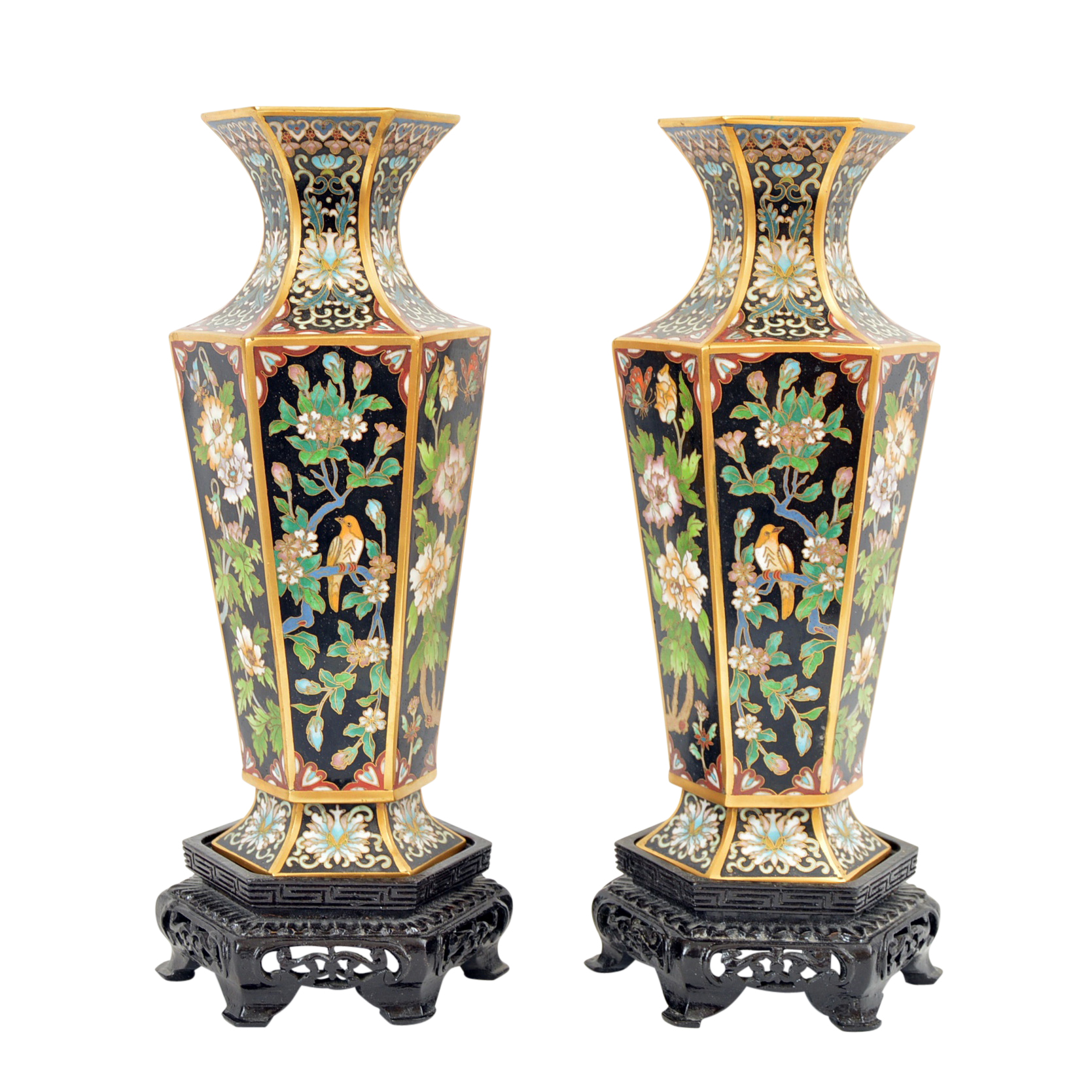 Vintage Chinese Cloisonne Vases with Wood Display Bases