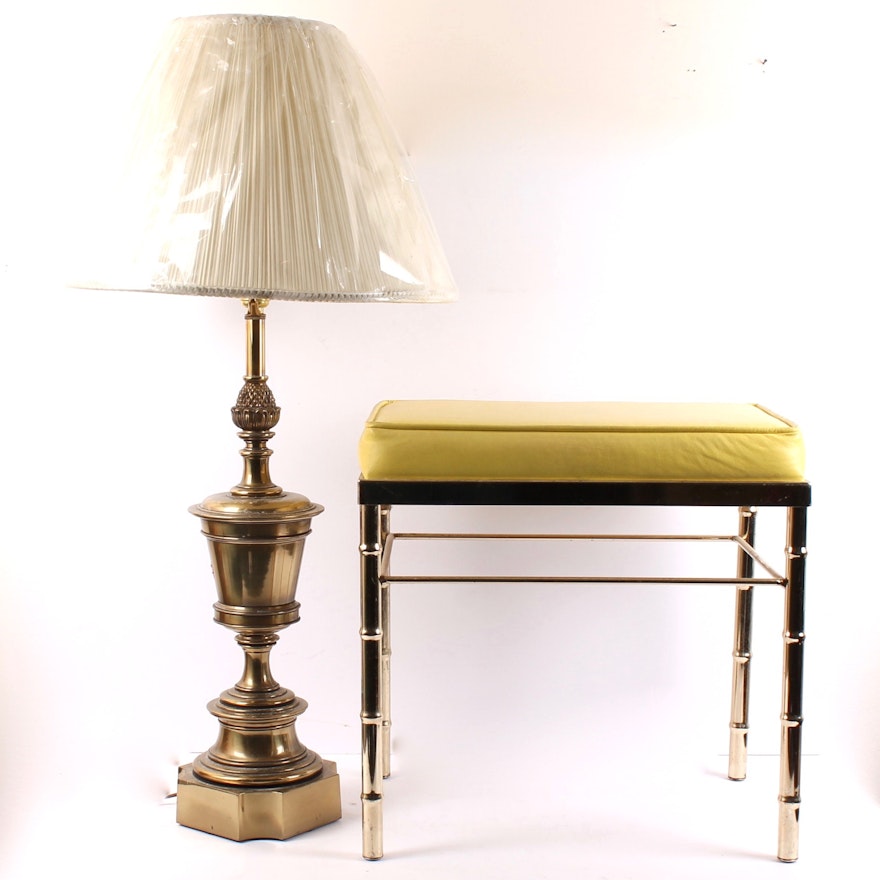 Brass Framed Ottoman and Stiffel Table Lamp