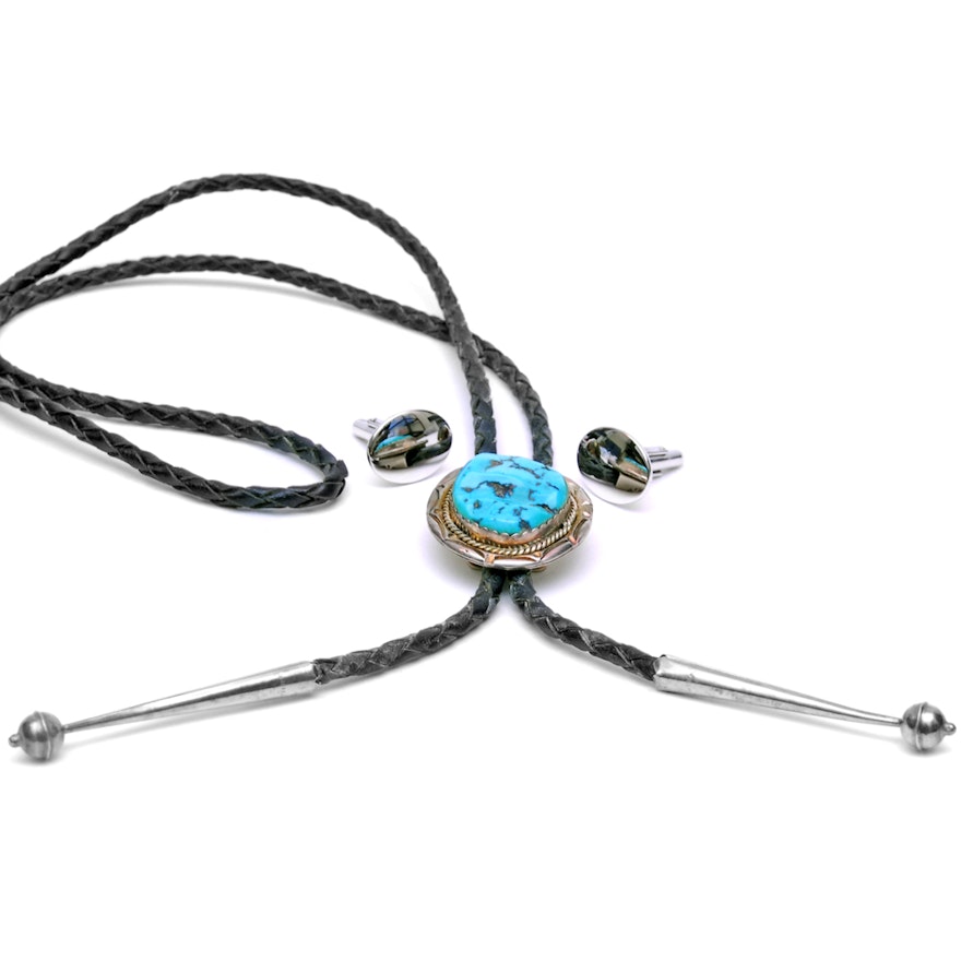 Sterling Silver Turquoise Bolo Tie and Sterling Silver Cufflinks