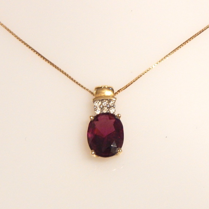 14K Yellow Gold Chain Necklace and Amethyst and Diamond Pendant