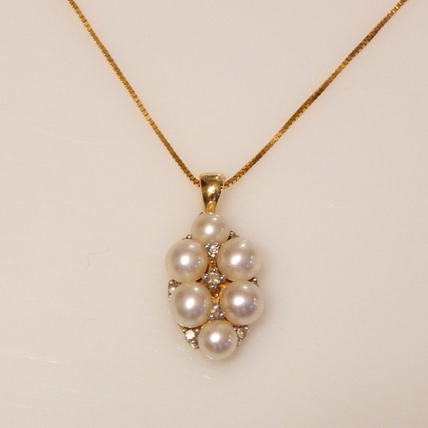 14K Yellow Gold Cultured Pearl and Diamond Pendant and Chain Necklace