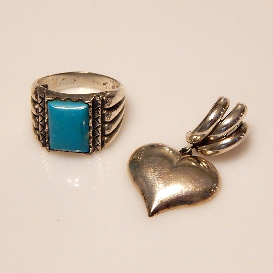 Sterling Silver Heart Pendant and Turquoise Tone Ring