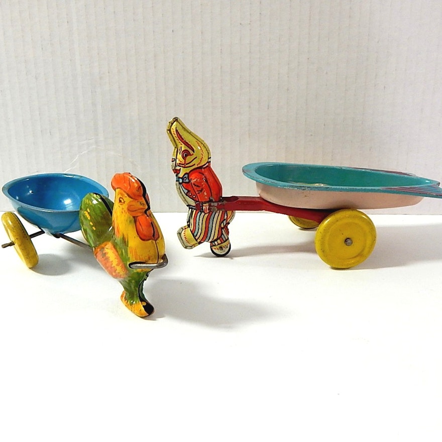 Two Vintage Tin Litho Easter Toys with 1930s Wyandotte
