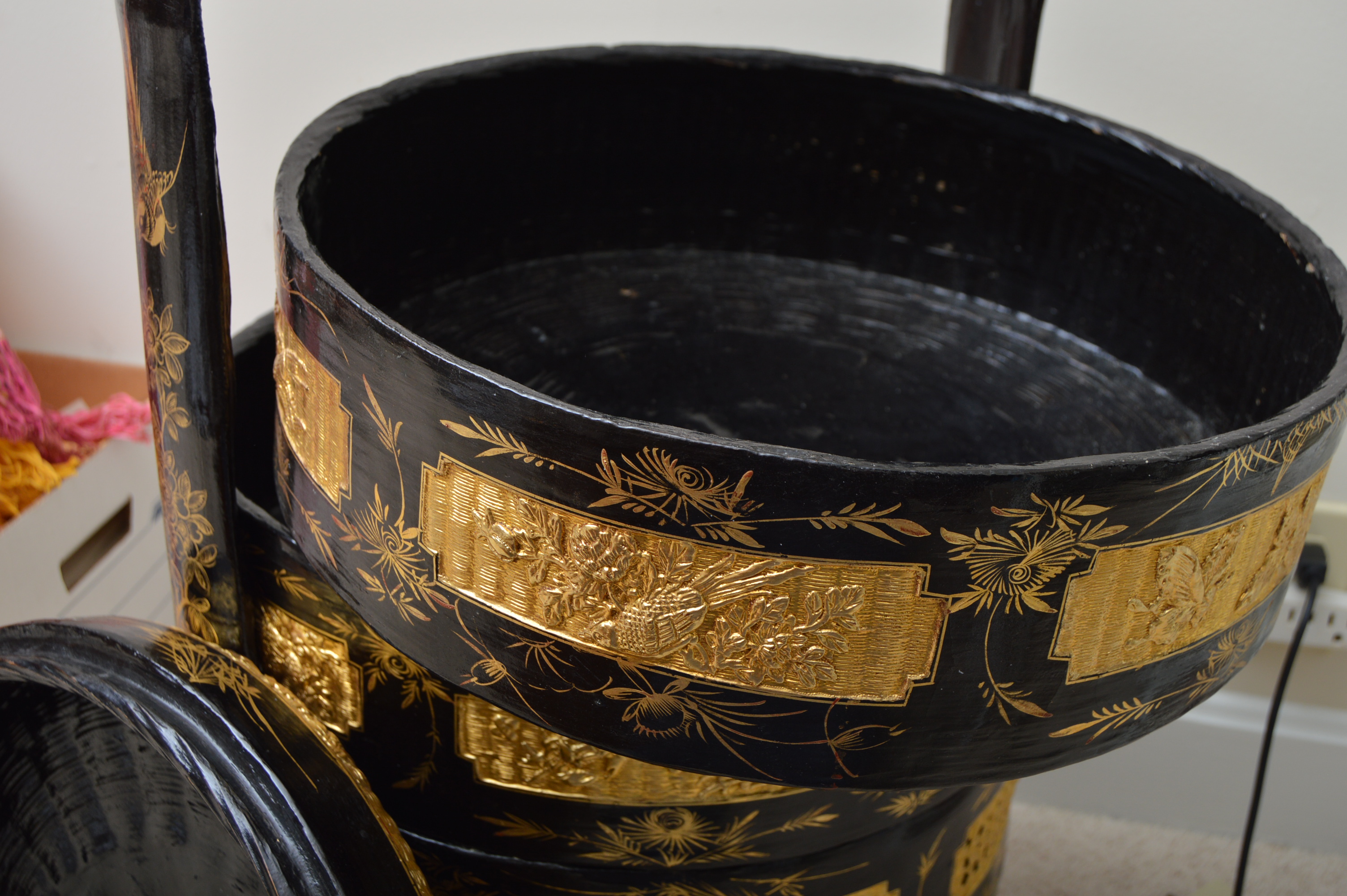 Vintage Chinese Lacquerware Rattan Stacking Wedding Basket