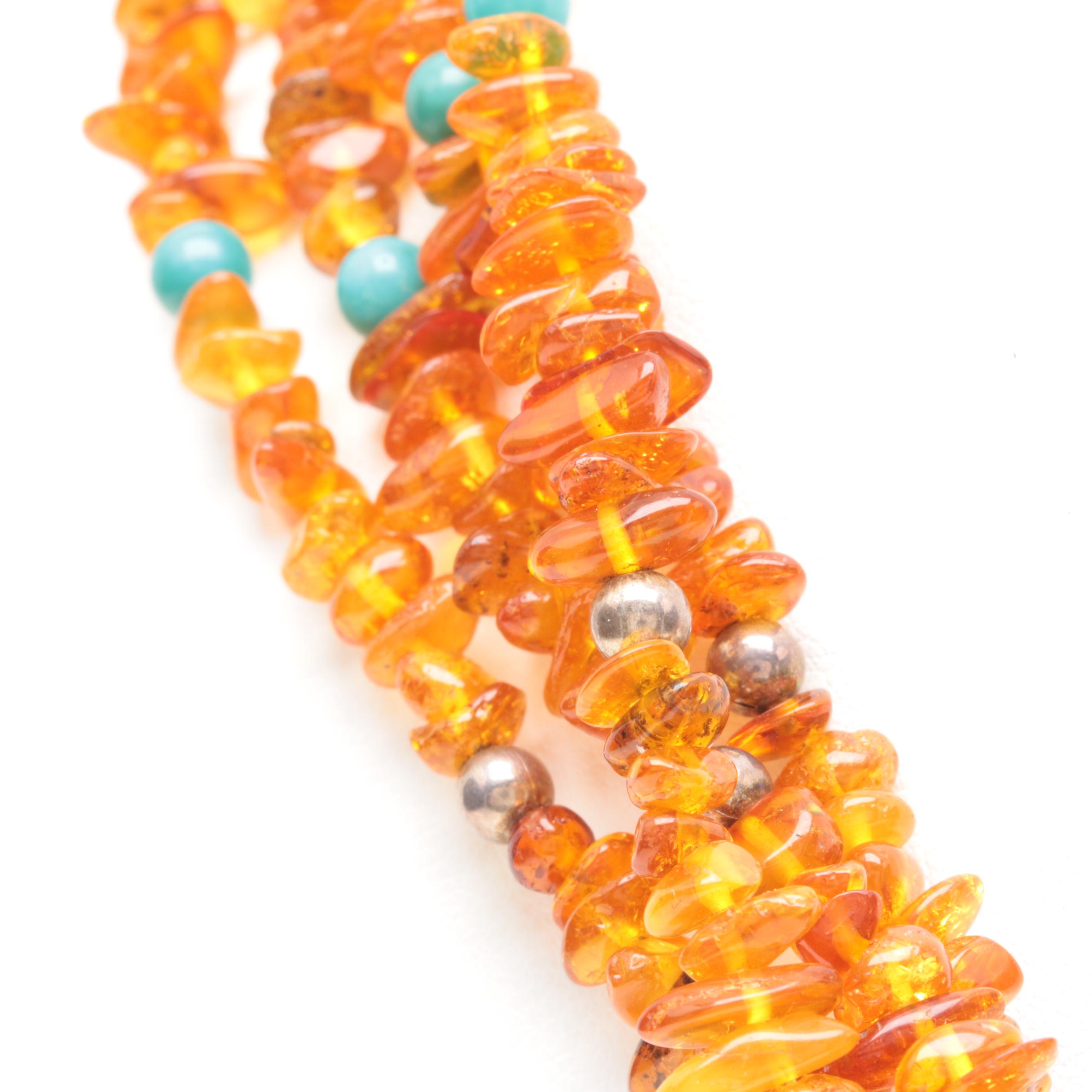 Jay King Desert Rose Trading Sterling Silver Amber, Turquoise and Pearl Necklace