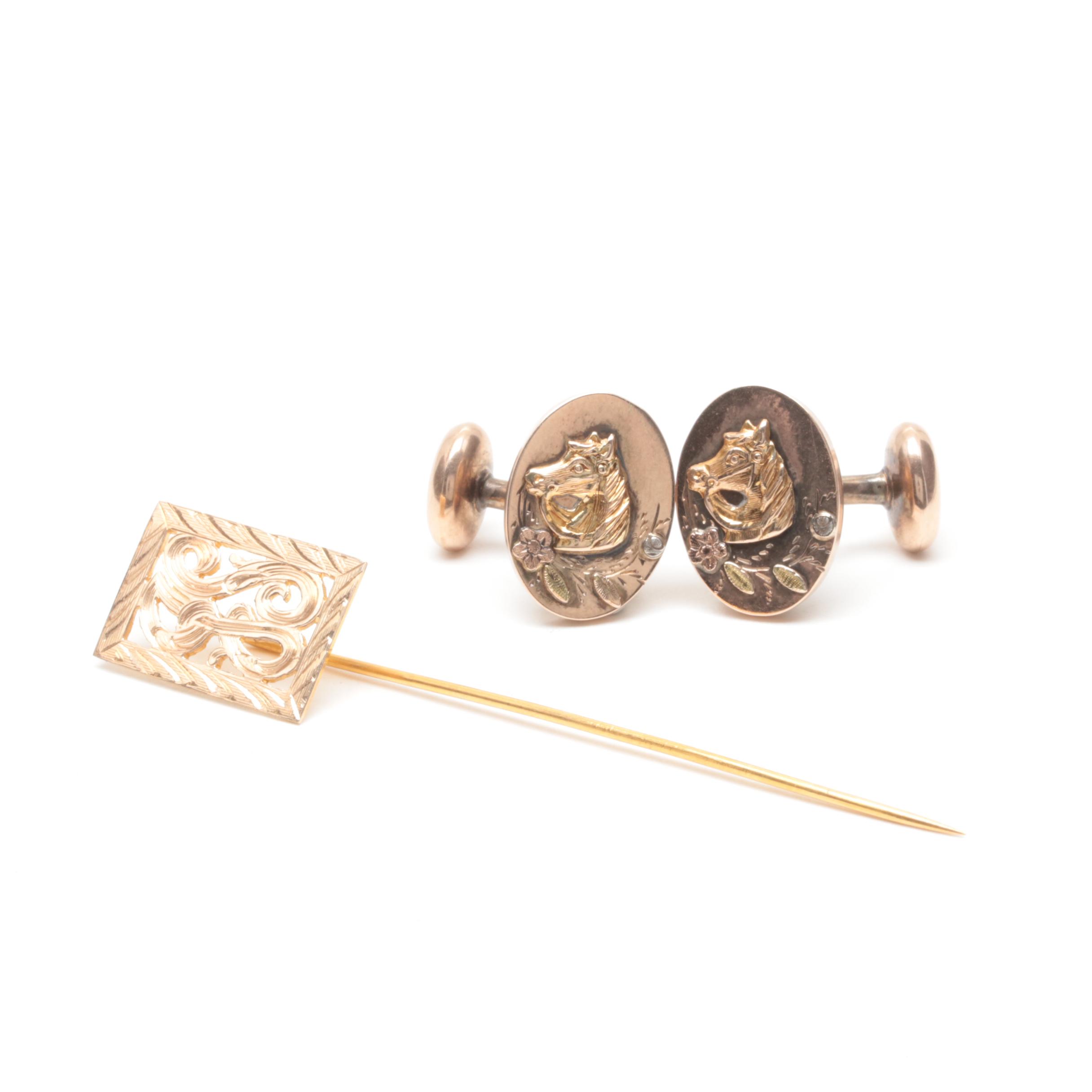 10K Yellow Gold Cufflinks and 14K Yellow Gold Stick Pin