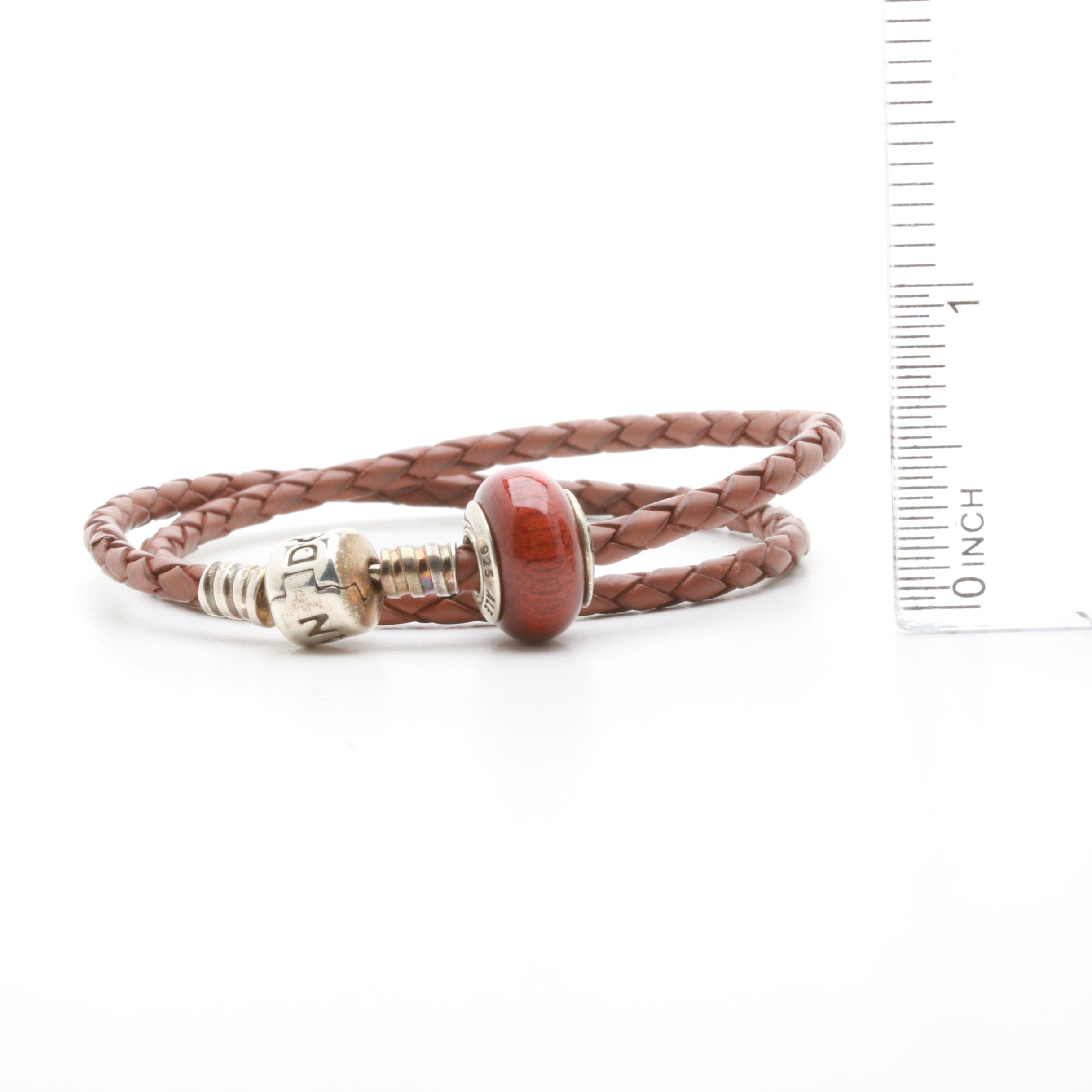 Pandora Sterling Silver Braided Leather and Wood Bead Wrap Bracelet