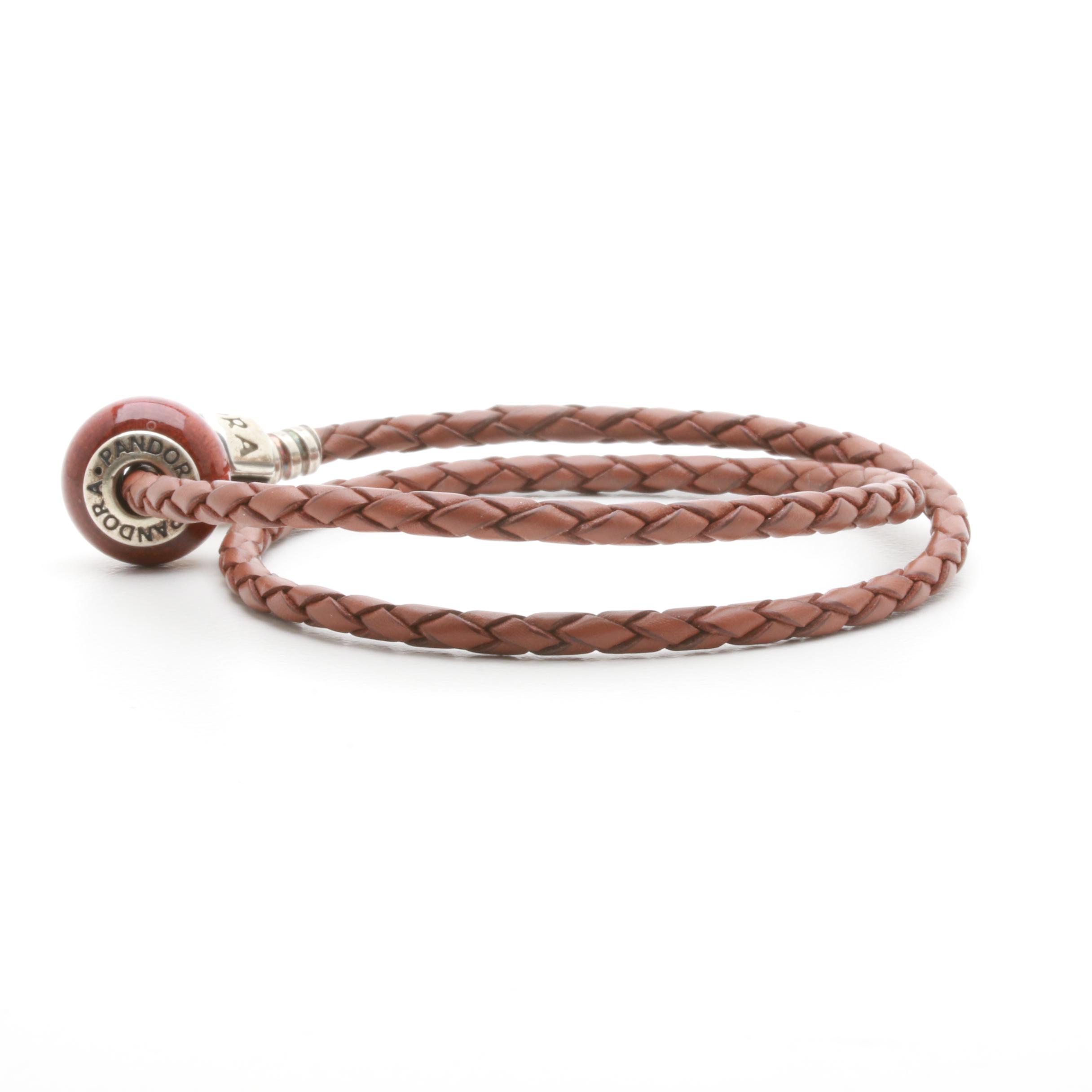 Pandora Sterling Silver Braided Leather and Wood Bead Wrap Bracelet