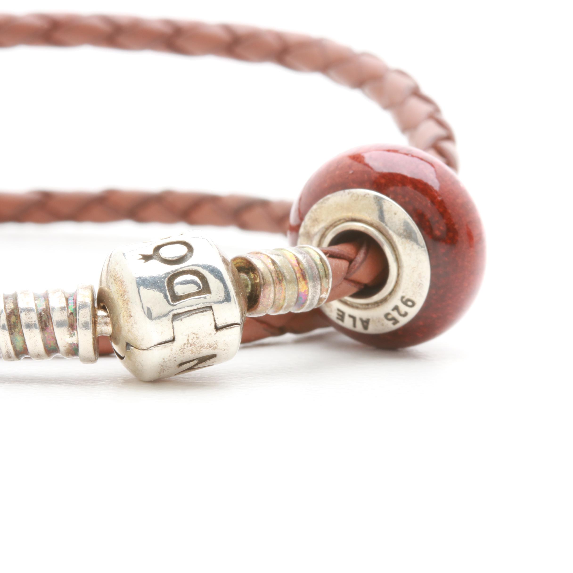 Pandora Sterling Silver Braided Leather and Wood Bead Wrap Bracelet