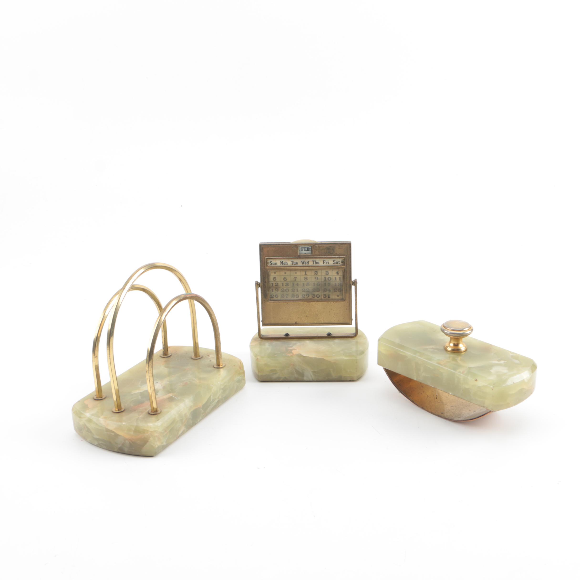 Mid-Century Brass and Onyx Perpetual Calendar, Letter Holder, and Blotter