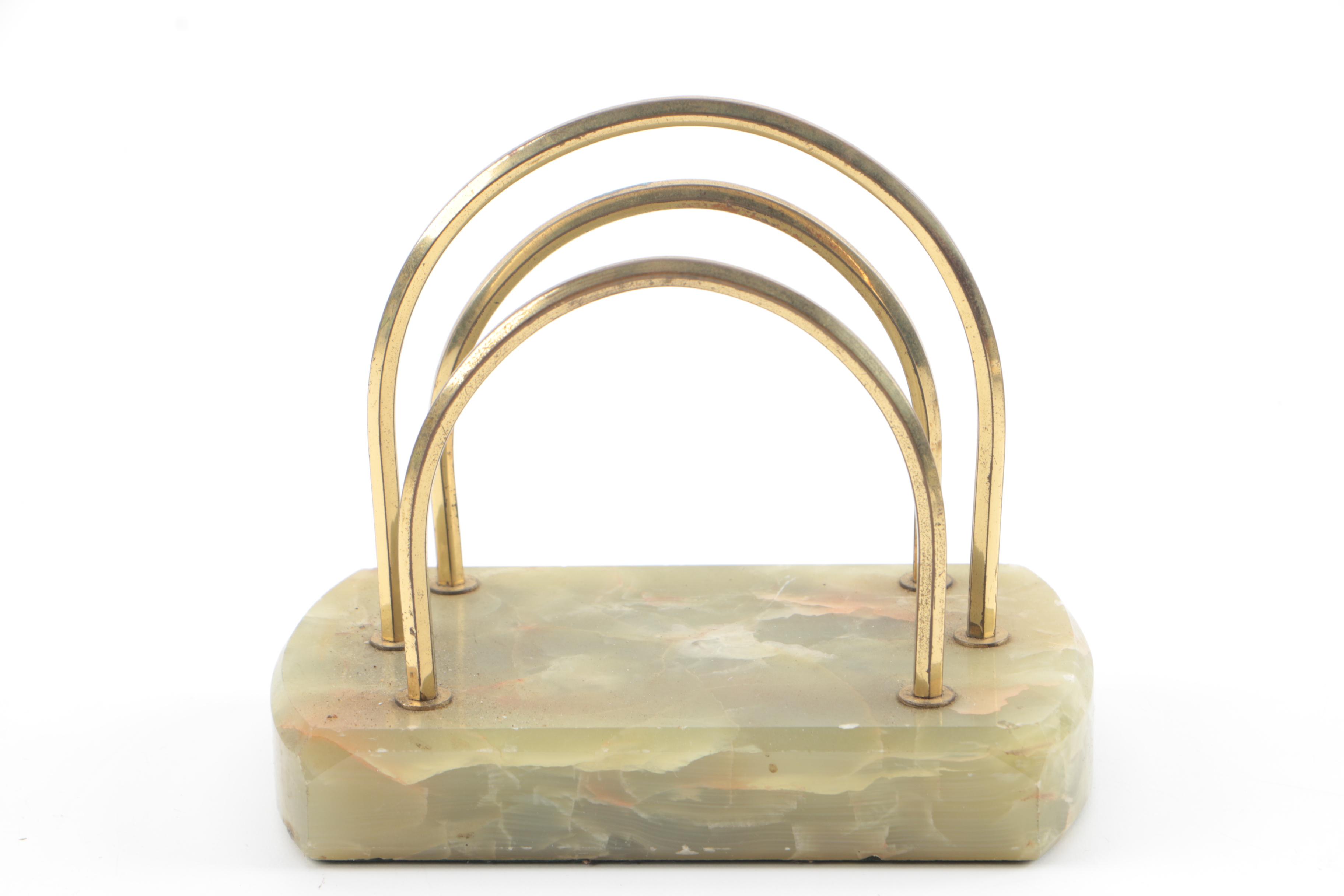 Mid-Century Brass and Onyx Perpetual Calendar, Letter Holder, and Blotter