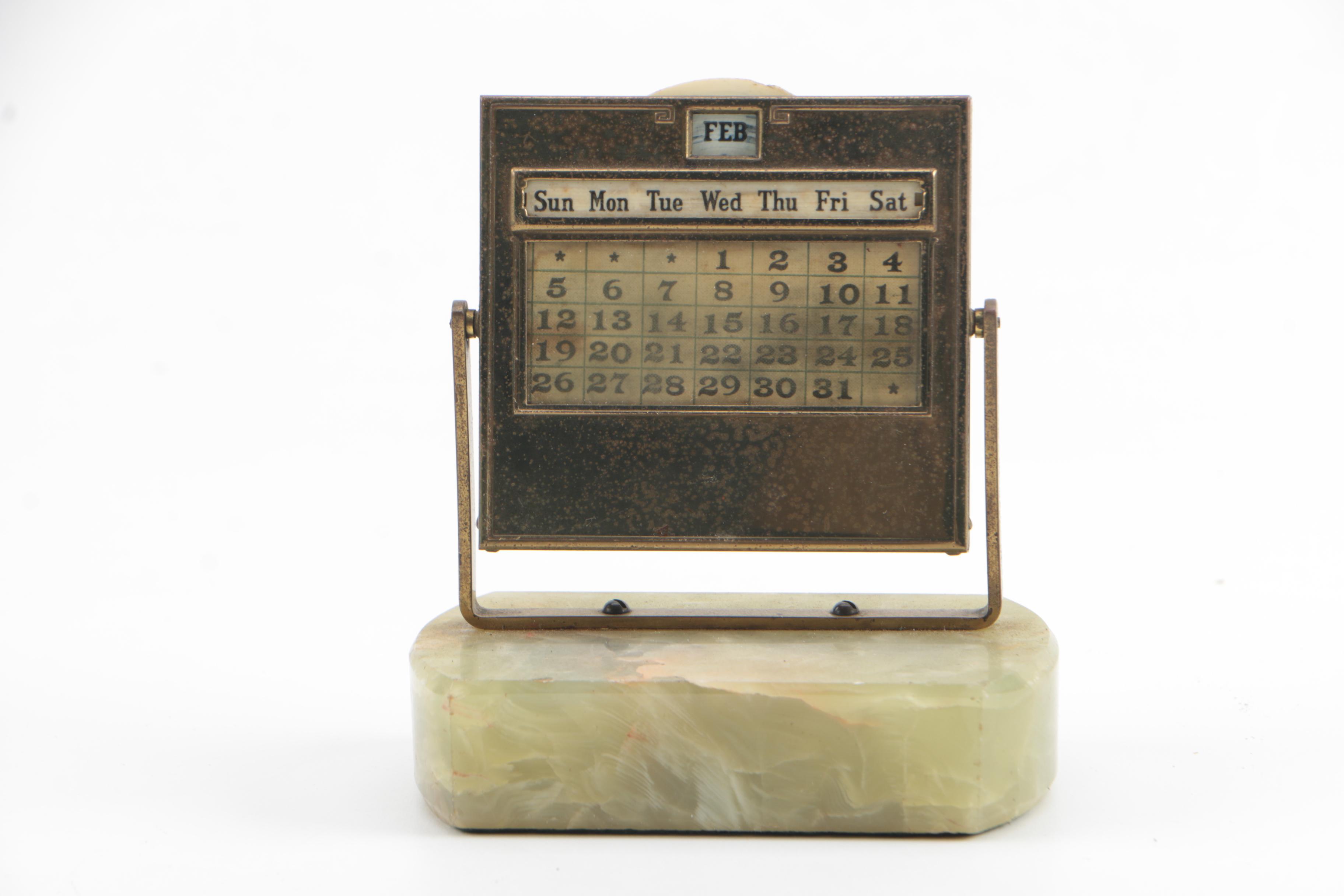 Mid-Century Brass and Onyx Perpetual Calendar, Letter Holder, and Blotter