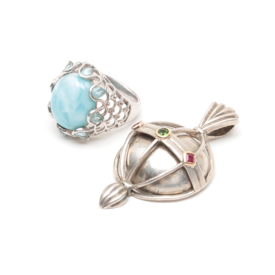 Sterling Silver Larimar, Synthetic Ruby and Chrome Diopside Jewelry