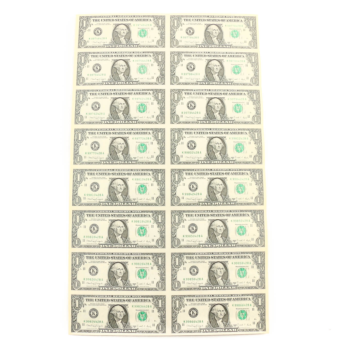 Uncut Sheet of Sixteen U.S. Series 1988-A $1 Federal Reserve Notes