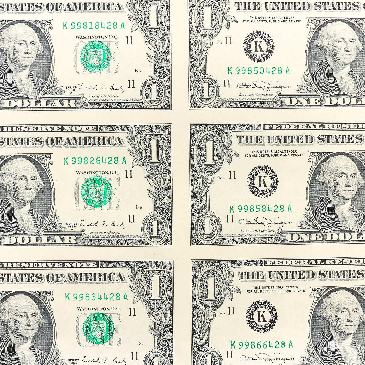 Uncut Sheet of Sixteen U.S. Series 1988-A $1 Federal Reserve Notes