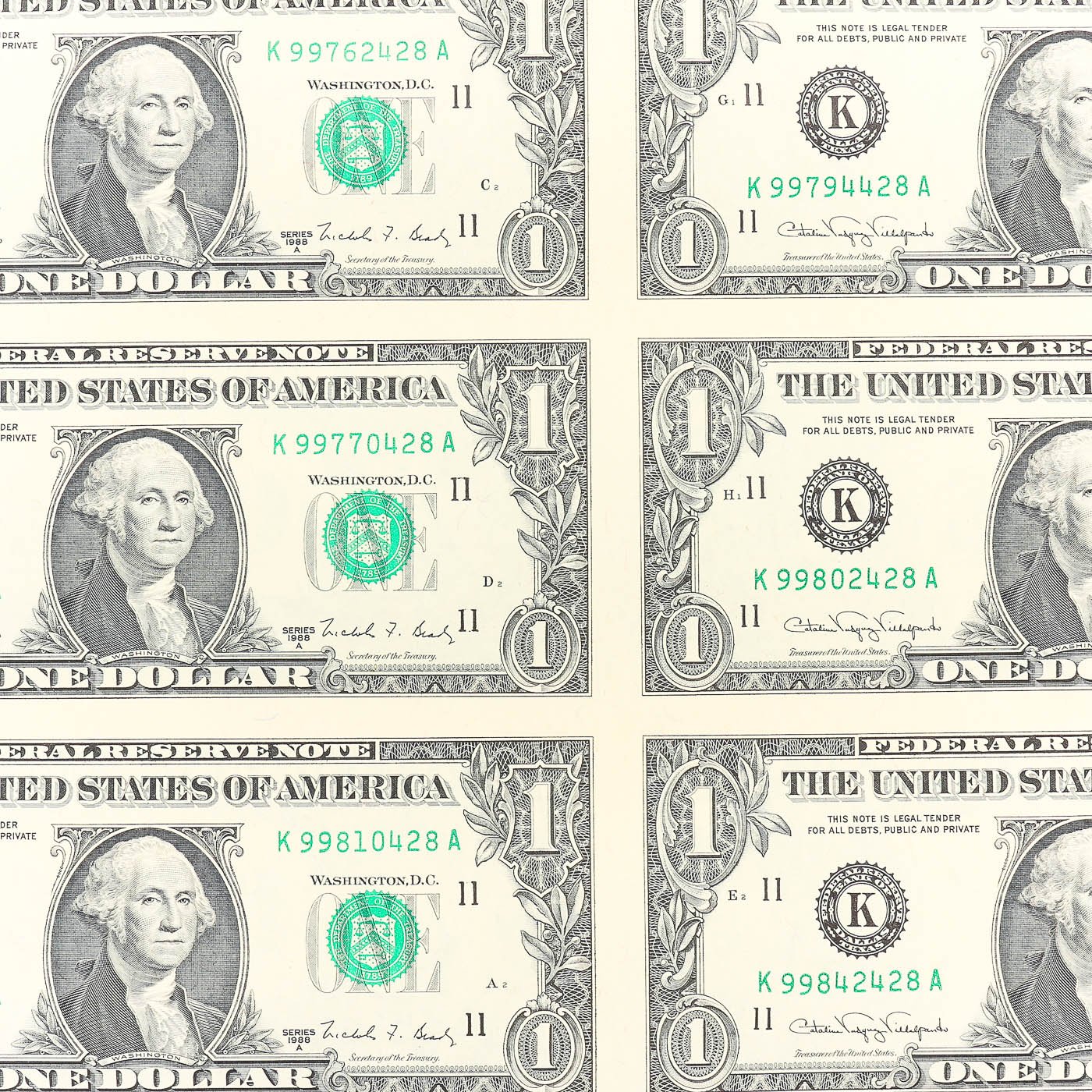 Uncut Sheet of Sixteen U.S. Series 1988-A $1 Federal Reserve Notes