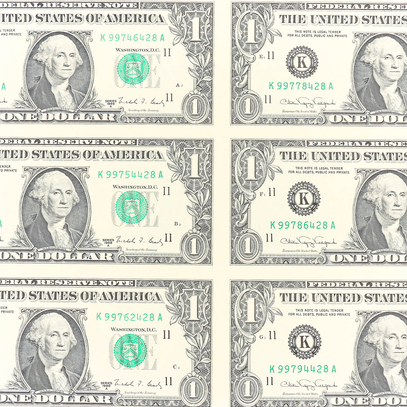 Uncut Sheet of Sixteen U.S. Series 1988-A $1 Federal Reserve Notes