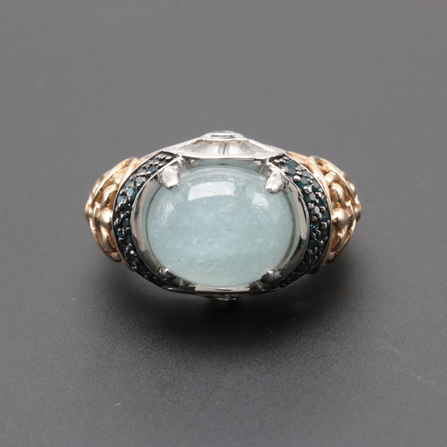 Sterling Silver Aquamarine and Blue Diamond Ring