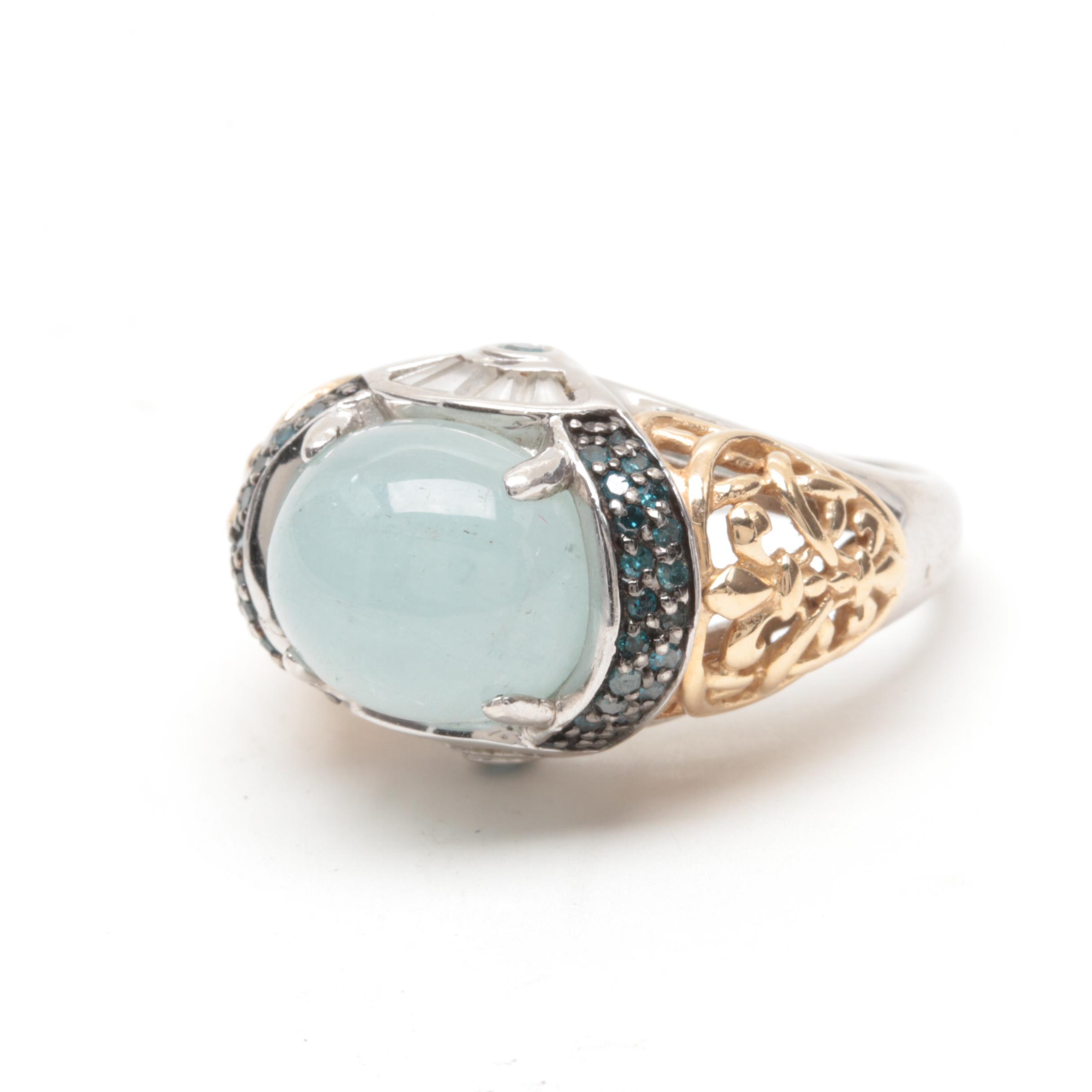 Sterling Silver Aquamarine and Blue Diamond Ring