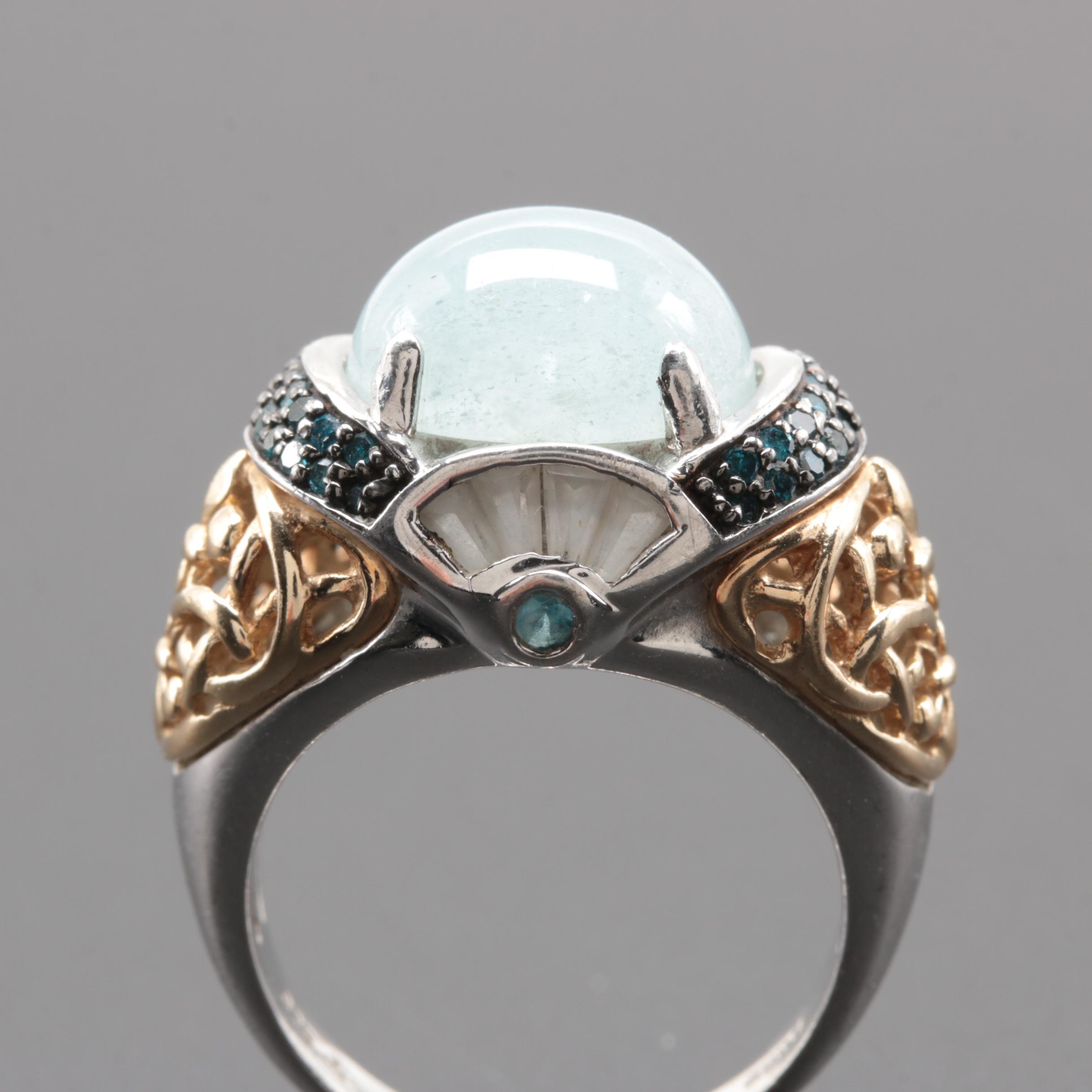 Sterling Silver Aquamarine and Blue Diamond Ring