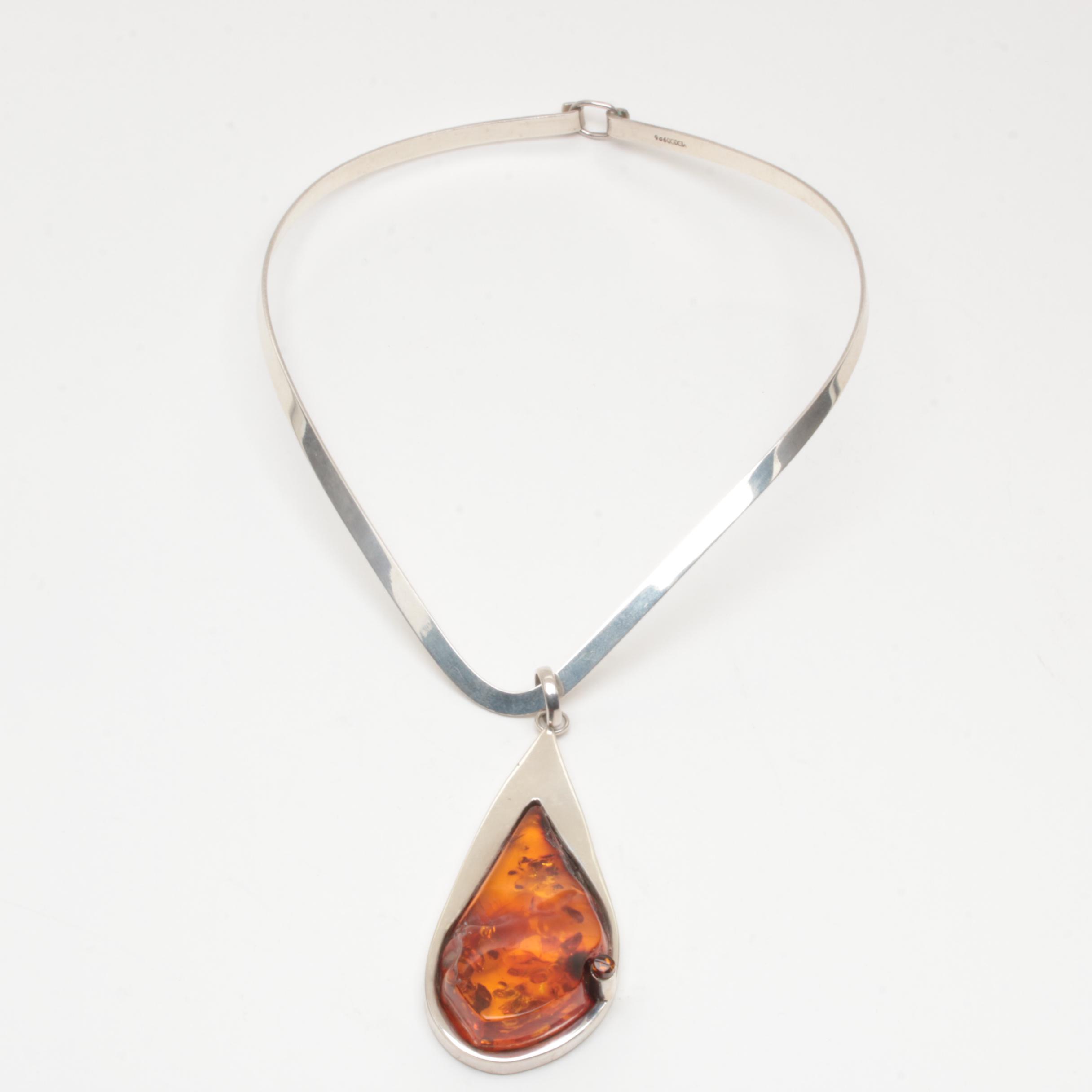 Mexican Sterling Silver Amber Necklace