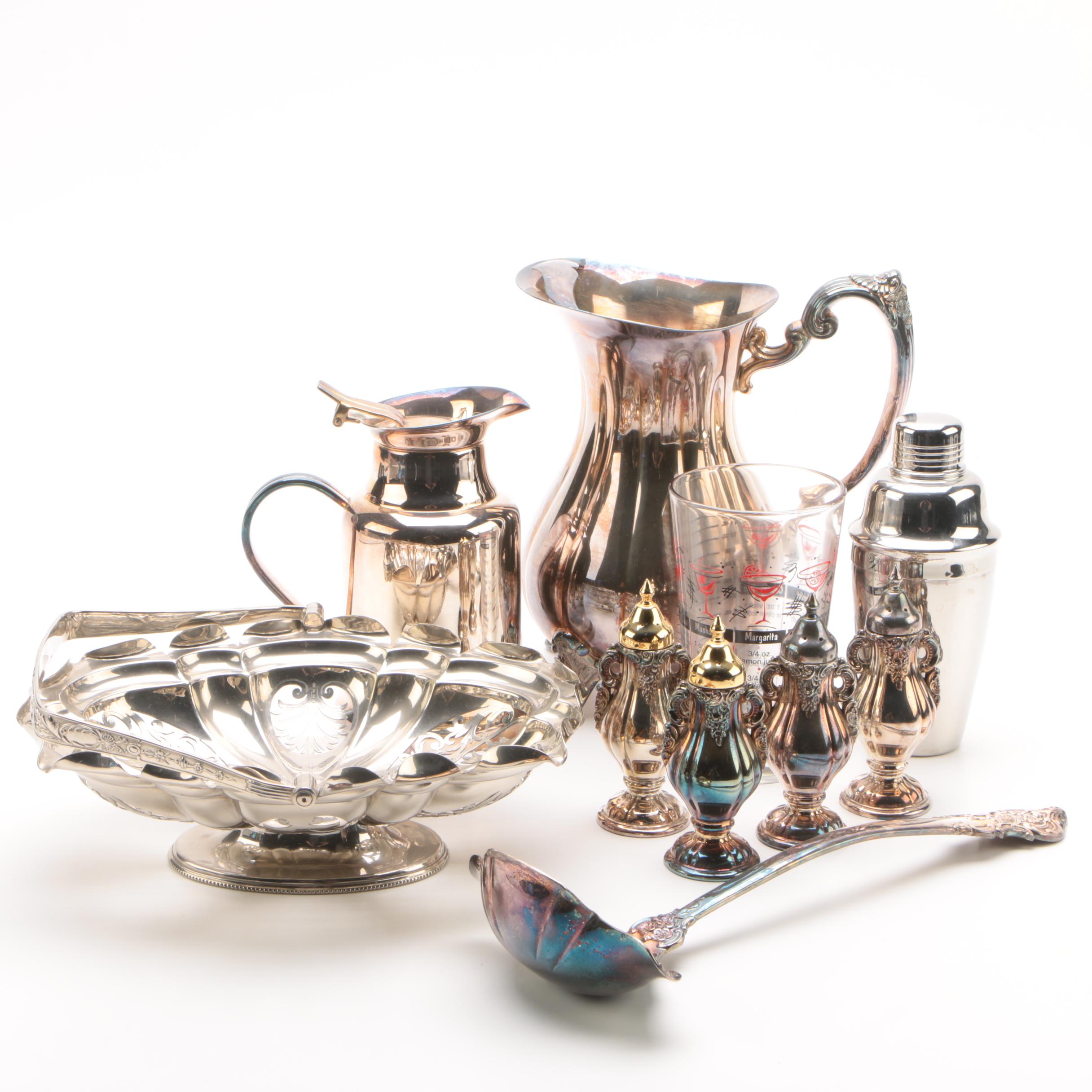 Wallace "Baroque" Condiment Shakers and Ladle with Other Silver Plate Tableware