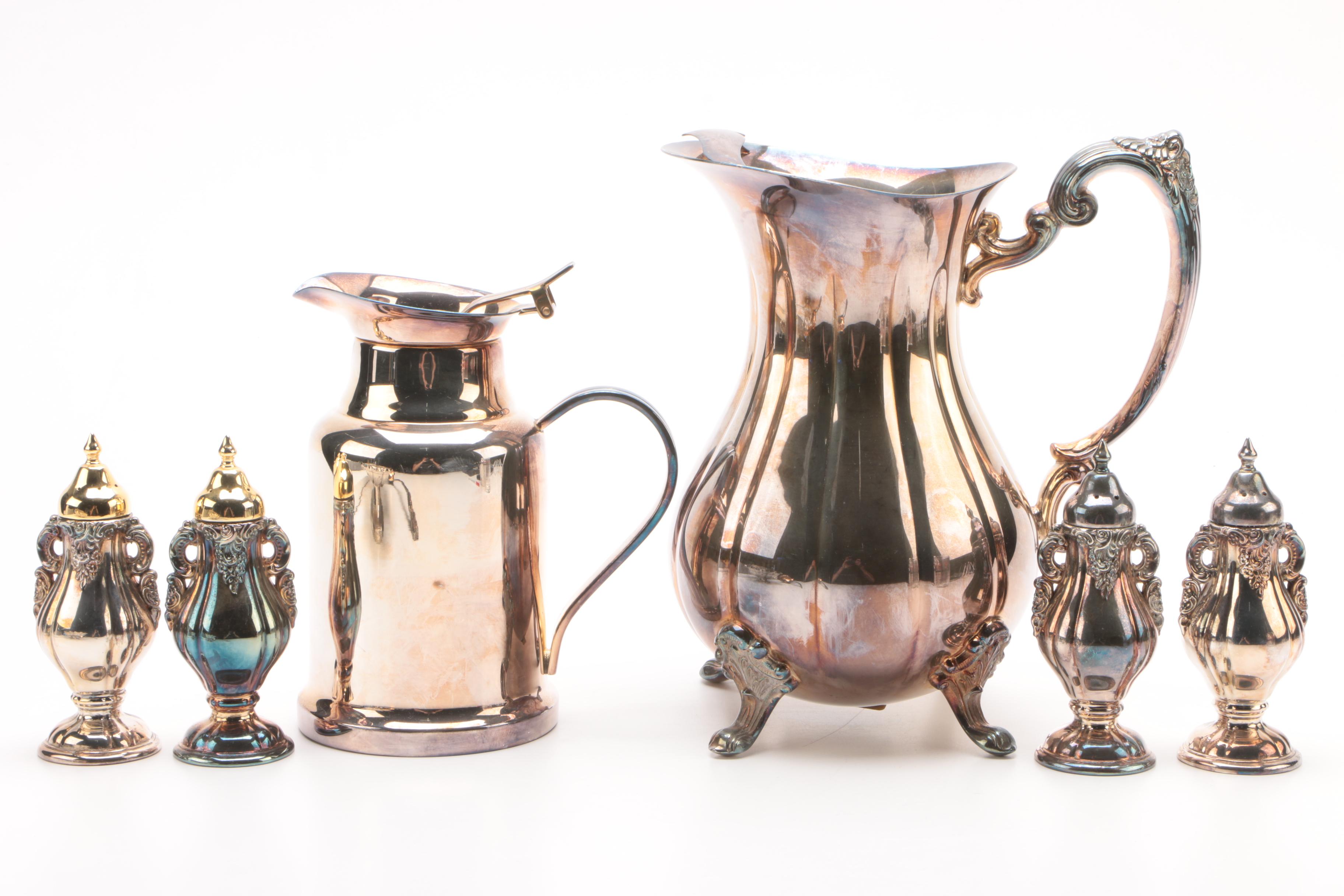 Wallace "Baroque" Condiment Shakers and Ladle with Other Silver Plate Tableware