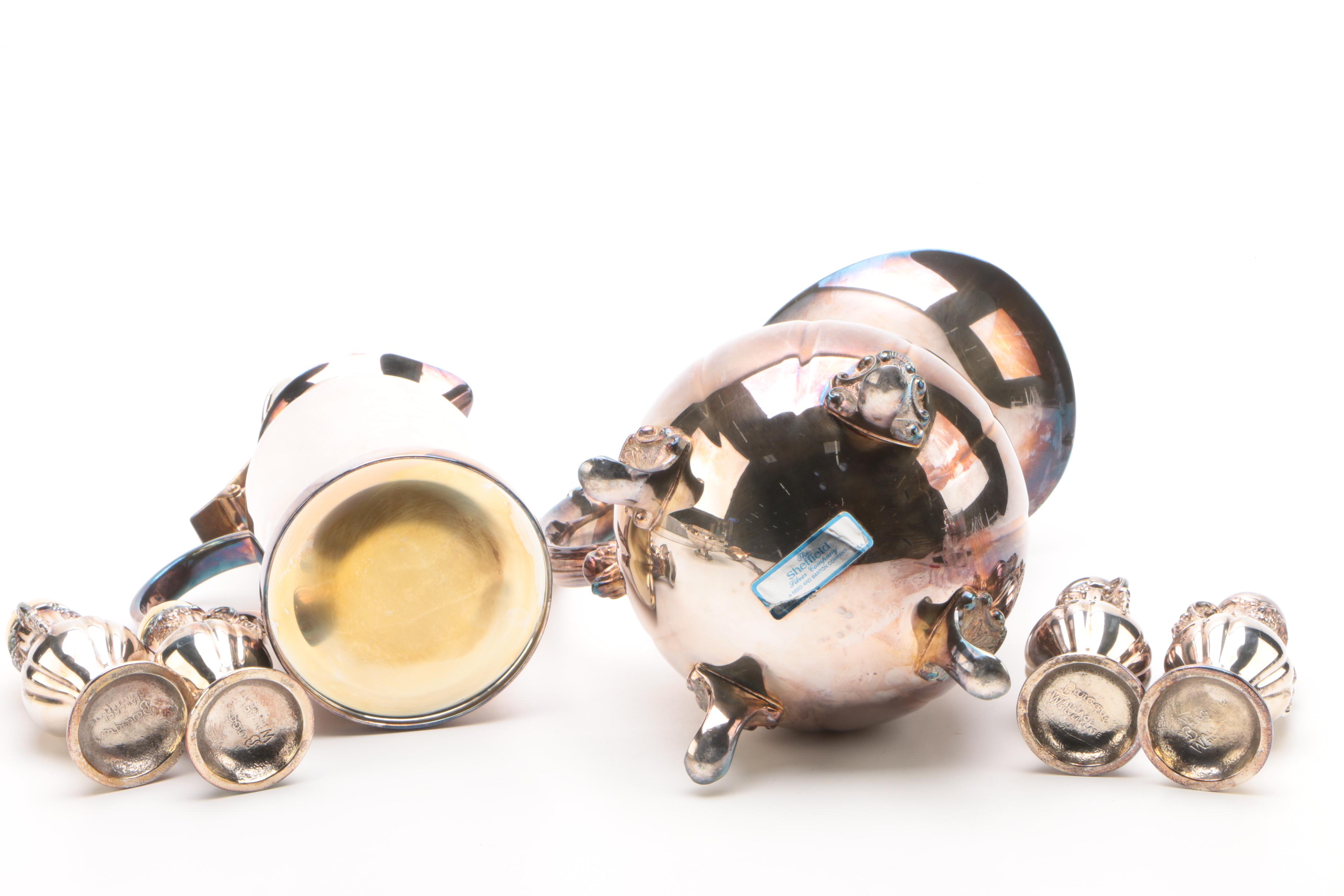 Wallace "Baroque" Condiment Shakers and Ladle with Other Silver Plate Tableware