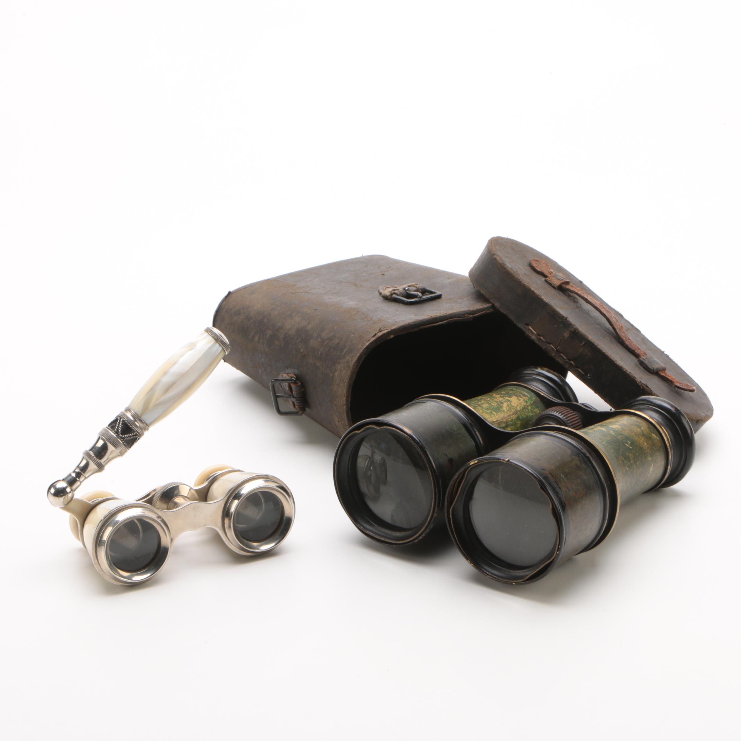 WWI Era Marchand Field Glasses and Opera Glasses with Bone and Mother of Pearl
