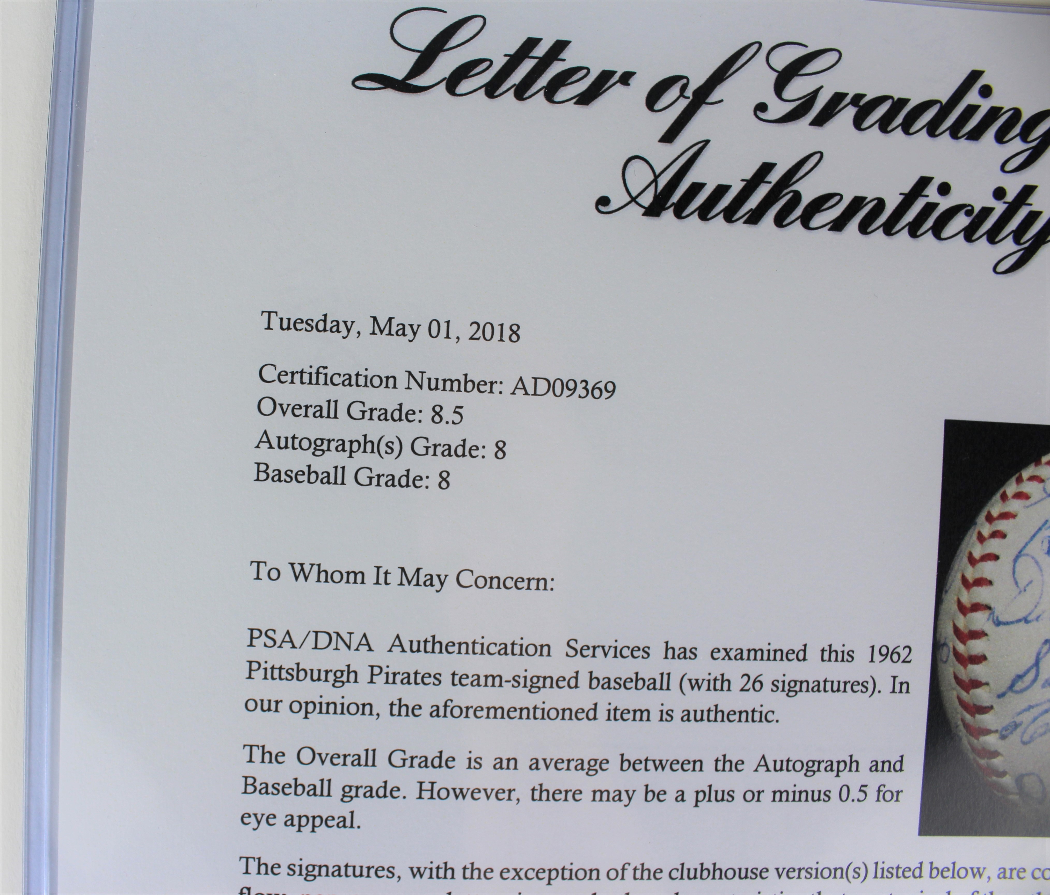 Roberto Clemente Signed 1962 Pittsburgh Pirates Team Ball PSA COA