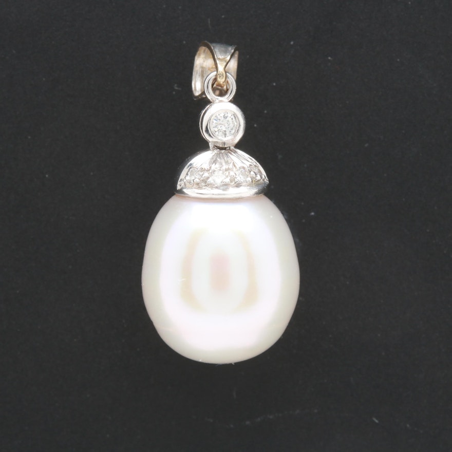 Platinum Cultured Pearl and Diamond Pendant With 14K White Gold Bail