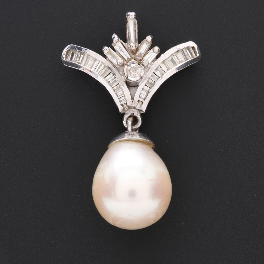 18K White Gold Diamond and Cultured Pearl Pendant