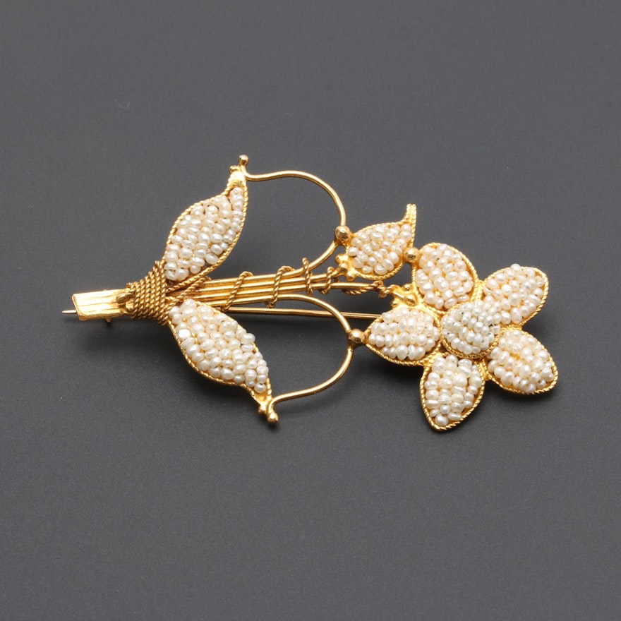 Antique 14K Yellow Gold Seed Pearl Flower Brooch