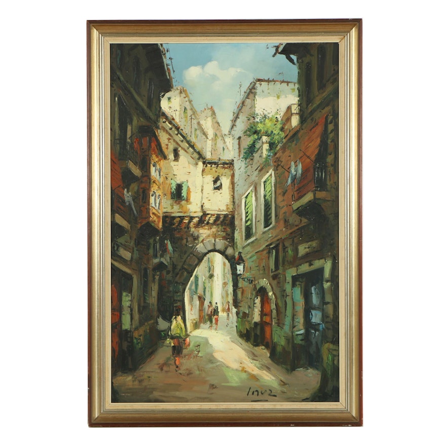 Mid 20th Century Oil Painting of Street Scene