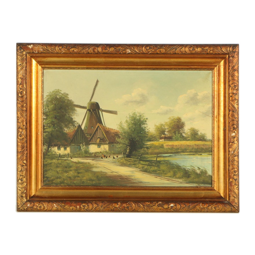 Mid 20th Century Oil Painting of Windmill